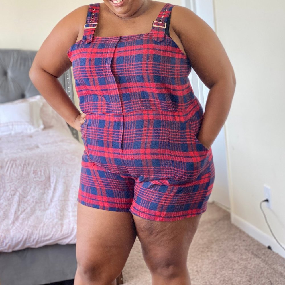 Plus Tartan Print Buckle Strap Belted Romper